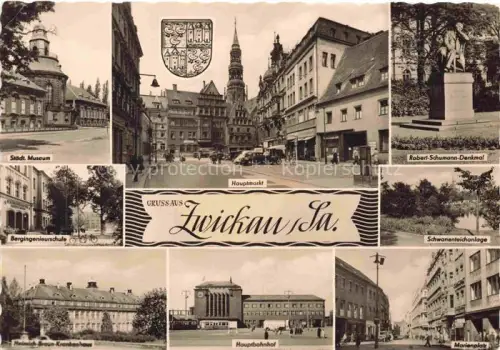 AK / Ansichtskarte ZWICKAU  Sachsen Museum Bergingenieurschule Krankenhaus Hauptmarkt Robert-Schumann-Denkmal Schwanenteichanlage Marienplatz Bahnhof