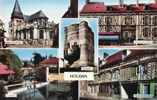 AK / Ansichtskarte Houdan Mantes-la-Jolie 78 Yvelins Eglise Saint-Jacques Le Donjon Hôtel du Plat d'Etain La Vestre Maison du XVe siècle