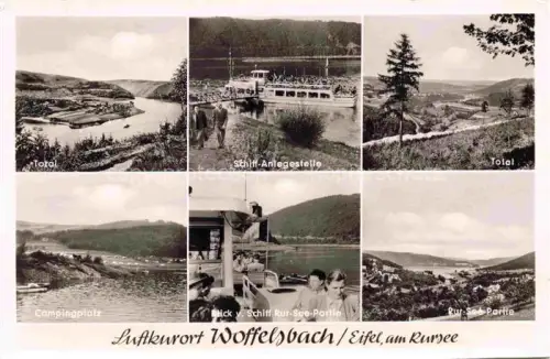 AK / Ansichtskarte Woffelsbach Eifel Simmerath NRW Totale Schiff-Anlegestelle Fahrgastschiff Campingplatz Rursee