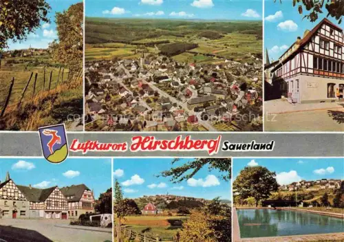 AK / Ansichtskarte Hirschberg  Sauerland Warstein NRW Luftaufnahme Teilansichten Fachwerkhaus Freibad