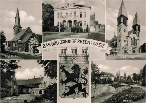 AK / Ansichtskarte Rheda -Wiedenbrueck Westfalen 600jaehrige Stadt Kirchen Rathaus Schloss Innenhof Stadtpark Wappen
