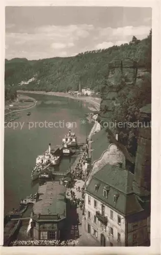 AK / Ansichtskarte Herrnskretschen Boehmen Hrensko CZ Elbepartie mit Dampferanlegestelle