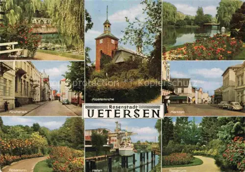 AK / Ansichtskarte Uetersen Pinneberg Schleswig-Holstein Rosarium Kirchenstrasse Klosterkirche Marktstrasse Hafen