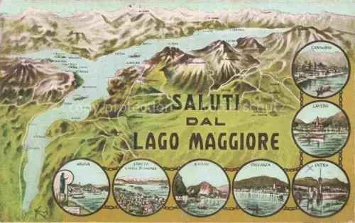 AK / Ansichtskarte Lago Maggiore Region und Umgebung Alpenpanorama aus der Vogelperspektive Kuenstlerkarte