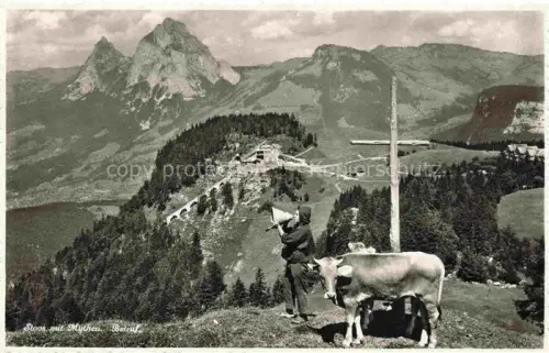 AK / Ansichtskarte Stoos SZ Betruf Almvieh Panorama Blick gegen Mythen