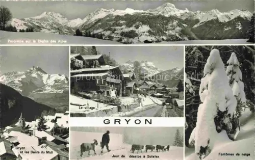 AK / Ansichtskarte Gryon AIGLE VD Winterpanorama Alpen Dents du Midi Ortsansicht Jour de désalpe Fantômes de neige