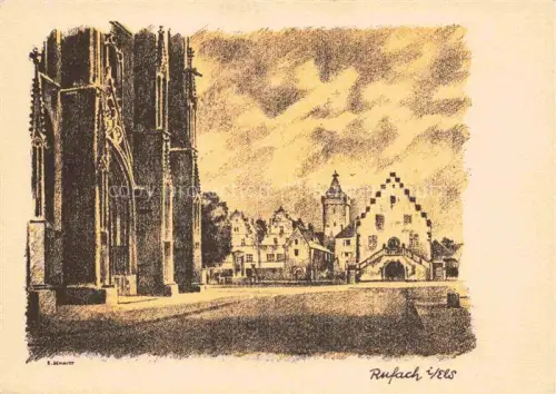 AK / Ansichtskarte Rufach Rouffach Alsace 68 Haut-Rhin Stadtzentrum Kirche Kuenstlerkarte