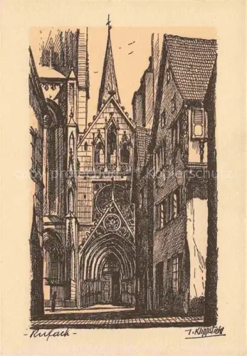 AK / Ansichtskarte Rufach Rouffach Alsace 68 Haut-Rhin Motiv Ortszentrum Kirche Portal Klippstiehl Kuenstlerkarte