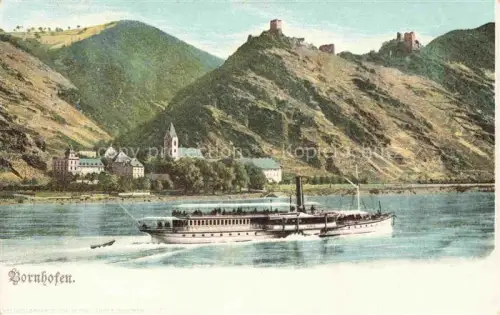 AK / Ansichtskarte Bornhofen Kamp Rhein Rheinland-Pfalz Panorama Blick ueber den Rhein Dampfer Die feindlichen Brueder Burgruinen