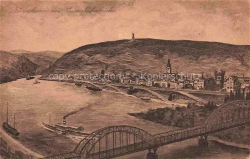 AK / Ansichtskarte RueDESHEIM am Rhein Hessen Panorama mit Eisenbahnbruecke Kuenstlerkarte
