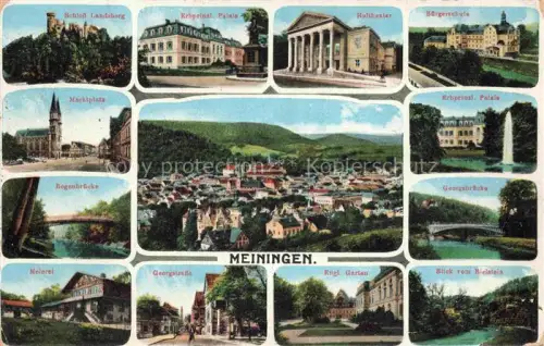 AK / Ansichtskarte Meiningen Thueringen Schloss Landsberg Marktplatz Bruecke Meierei Palais Theater Schule Englischer Garten Georgstrasse Panorama Feldpost