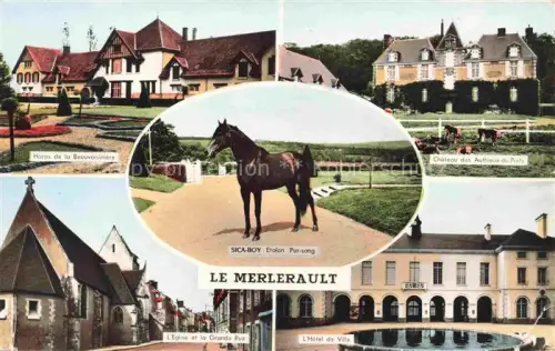 AK / Ansichtskarte Le Merlerault Argentan 61 Orne Haras de la Beauvoisinière Château des Authieux de Puits Eglise Grande Rue Hôtel de Ville Sica-Boy Cheval