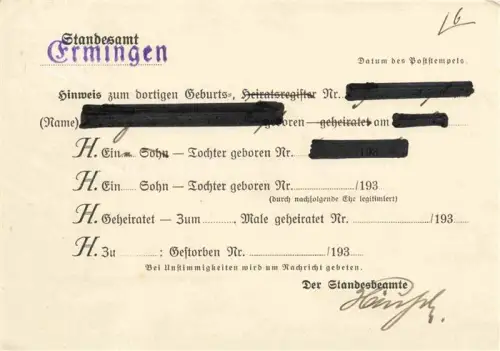 AK / Ansichtskarte Soeflingen ULM Donau BW Geburtsurkunde