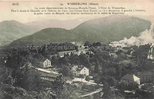 AK / Ansichtskarte Wesserling Husseren Thann 68 Haut-Rhin Vue générale Route de Bussang-Mosch-Thann Hôtel Chapelle Château Usines