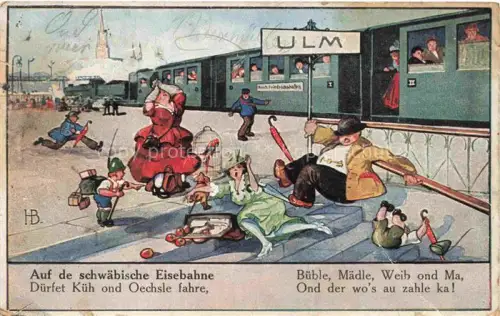 AK / Ansichtskarte ULM  Donau Auf de schwaebische Eisebahne Lied Karikaturen Schwaebische Eisenbahn 4. Serie Kuenstlerkarte