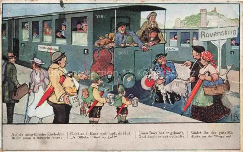 AK / Ansichtskarte RAVENSBURG  Wuerttemberg BW Auf de schwaebische Eisebahne Lied Karikaturen Schwaebische Eisenbahn 4. Serie Kuenstlerkarte