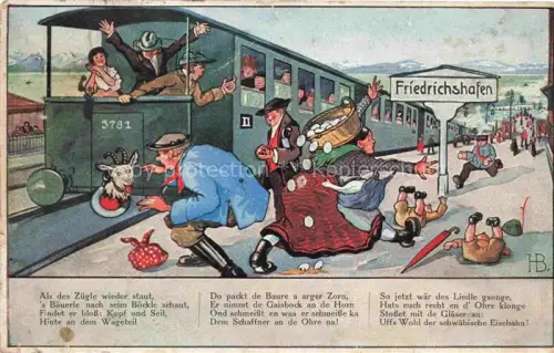 AK / Ansichtskarte FRIEDRICHSHAFEN Bodensee Auf de schwaebische Eisebahne Lied Karikaturen Schwaebische Eisenbahn 4. Serie Kuenstlerkarte