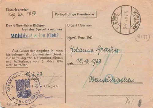 AK / Ansichtskarte Muehldorf  Inn Bayern Antwortkarte auf Meldebogen