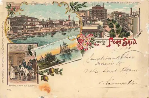 AK / Ansichtskarte PORT-SAID Bur Sa id Egypt Souvenir de la ville Port Phare Station Voilier Femmes arabes Litho