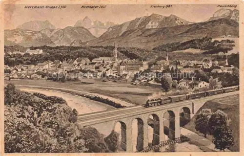 AK / Ansichtskarte Traunstein  Oberbayern mit Eisenbahn Viadukt Watzmanngruppe Hochkalter Kienberg
