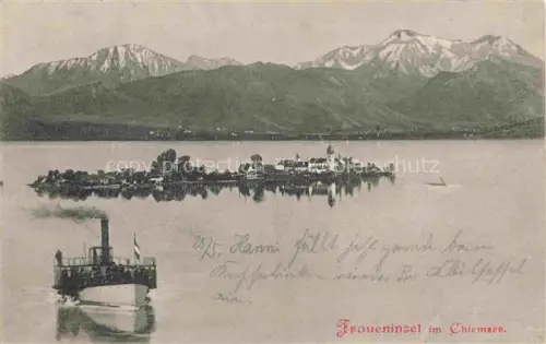 AK / Ansichtskarte Fraueninsel Chiemsee Panorama mit Faehre