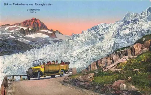 AK / Ansichtskarte Furkastrasse UR mit Rhonegletscher und Autobus