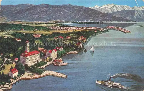 AK / Ansichtskarte Bad Schachen LINDAU Bodensee Bayern Panorama Bodensee Alpen aus der Vogelperspektive Kuenstlerkarte