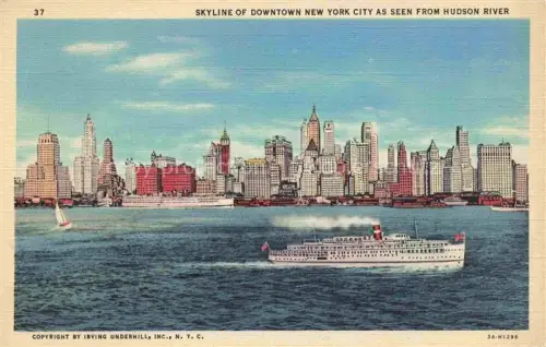 AK / Ansichtskarte NEW YORK City USA Skyline of Downtown New York City as seen from Hudson River Illustration