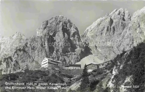 AK / Ansichtskarte Gruttenhuette 1593m Wildermieming Innsbruck Tirol AT mit Kaiserkopf Ellmauer Halt und Wilder Kaiser