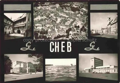 AK / Ansichtskarte Cheb Eger CZ Innenhof Fliegeraufnahme Hotels Seepartie