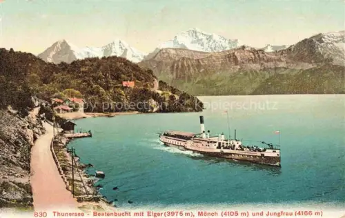 AK / Ansichtskarte Thunersee BE Beatenbucht mit Dampfschiff Eiger Moench und Jungfrau