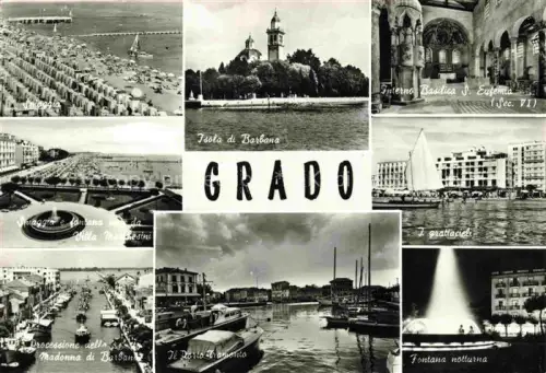 AK / Ansichtskarte GRADO Gorizia IT Spiaggia Isola di Barbana Interno Basilica S Eufenia Fontana da Villa Manchesini Processione della Madonna di Barbano Il Porto  Igratiacieli Fontana notturna