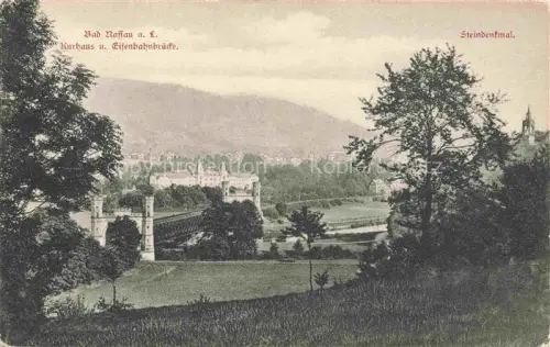 AK / Ansichtskarte Bad Nassau Lahn Rheinland-Pfalz Kurhaus und Eisenbahnbruecke Steindenkmal