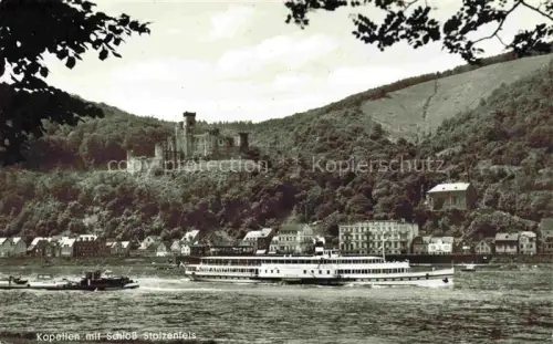 AK / Ansichtskarte Kapellen-Stolzenfels KOBLENZ Rheinland-Pfalz Blick ueber den Rhein zum Schloss Stolzenfels Dampfer