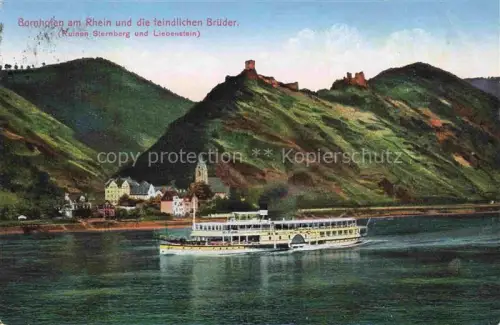 AK / Ansichtskarte Bornhofen Kamp Rhein Rheinland-Pfalz Blick ueber die Rhein Ruinen Sternberg und Liebenstein Die feindlichen Brueder Dampfer Kuenstlerkarte