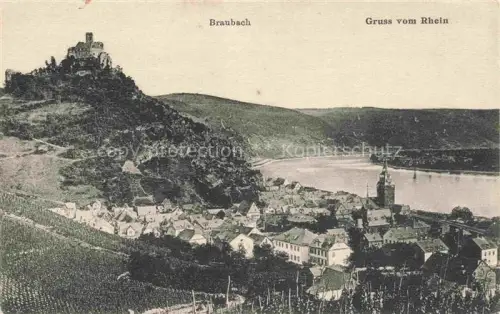AK / Ansichtskarte Braubach Rhein Rheinland-Pfalz Panorama Blick ueber den Rhein Burgruine
