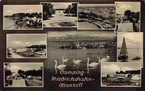 AK / Ansichtskarte Manzell Friedrichshafen Bodenseekreis BW Camingplatz Badestrand Schwaene Alpenblick