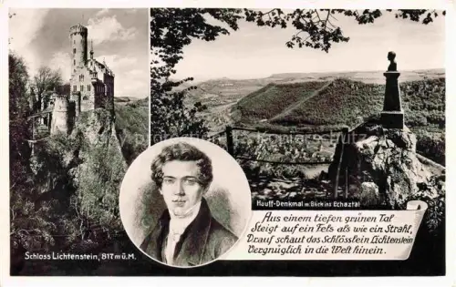 AK / Ansichtskarte Lichtenstein  Schloss Wuerttemberg Schloss mit Hauff Denkmal und Blick ins Echaztal