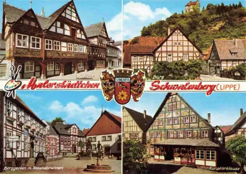AK / Ansichtskarte Schwalenberg Rathaus Burg Berggarten mit Rolandbrunnen Kuenstlerklause
