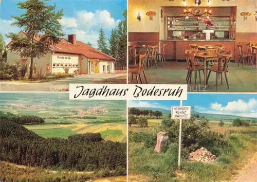 AK / Ansichtskarte Hoenebach Wildeck Hessen Jagdhaus Bodesruh Gastraum Panorama Zonengrenze