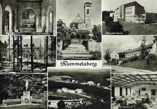 AK / Ansichtskarte Rummelsberg Schwarzenbruck Nuernberg Bayern Philippuskirche Innenansicht Bruderhaus Hospiz Erholungsheim Speisesaal Gedaechtniskreuz Luftaufnahme