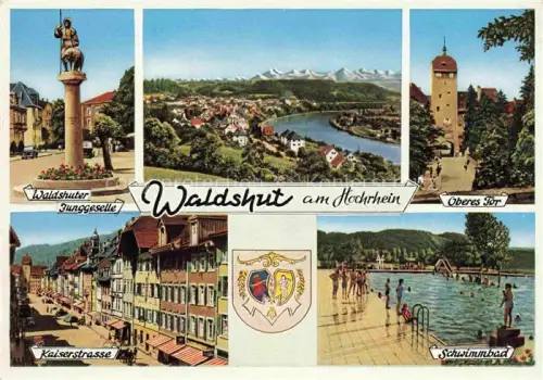 AK / Ansichtskarte Waldshut-Tiengen Waldshuter Junggeselle Stadtpanorama Alpen Oberes Tor Kaiserstrasse Schwimmbad