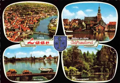 AK / Ansichtskarte Leer Ostfriesland Luftbild Rathaus am Hafen Schwanenteich