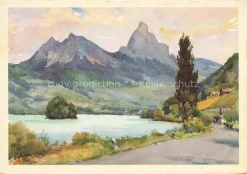 AK / Ansichtskarte Lauerz Schwyz SZ Panorama Lauerzersee Kuenstlerkarte