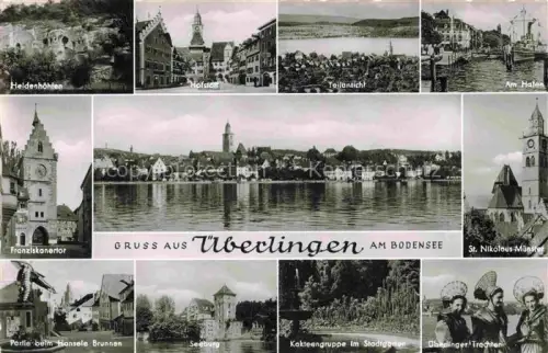 AK / Ansichtskarte ueberlingen Bodensee BW Panorama Heidenhoehlen Hofstatt Hafen Franziskanertor Muenster Brunnen Seeburg Stadtgarten Trachten