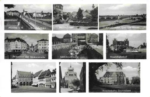AK / Ansichtskarte Minden  Westfalen Weser NRW Weserbruecke Manzelbrunnen Wesertor Schachtschleuse Bahnhof Dom Bundesbahn Zentralamt