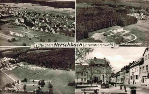 AK / Ansichtskarte Herschbach  Selters Westerwald Fliegeraufnahmen Landschulheim Strandbad Marktplatz