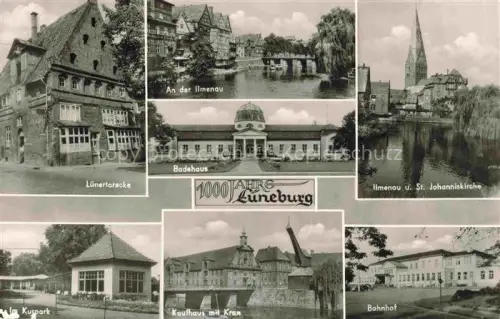 AK / Ansichtskarte LueNEBURG  CITY Luenertorecke An der Ilmenau Badehaus St Johanniskirche Kurpark Kaufhausmit Kran Bahnhof