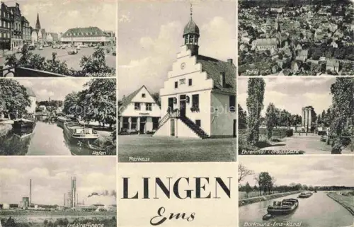 AK / Ansichtskarte LINGEN Ems Niedersachsen Marktplatz Hafen Erdoelraffinerie Rathaus Luftaufnahme Ehrenmal Stadtpark Dortmund-Ems-Kanal