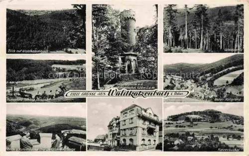 AK / Ansichtskarte Waldkatzenbach Waldbrunn Neckar-Odenwald-Kreis BW Panorama Ruheplatz Schoene Aussicht Odenwaldberge Gasthof Katzenbuckel Waldpartie Hoellgrund Aussichtsturm